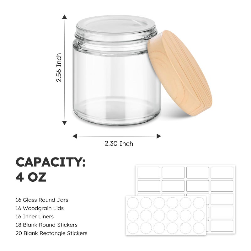 Tecohouse Small Glass Containers with Lids, 4 oz Glass Jars with Plastic Woodgrain Lids & Inner Liners, Reusable Travel Containers for Creams, Makeup, Lotion, Cosmetic - 16 pack - Image 3
